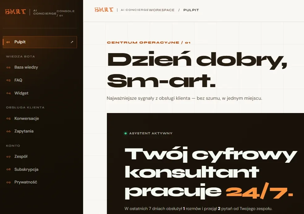 Pulpit panelu SM-art Chat: podsumowanie rozmów, baza wiedzy i ustawienia widgetu