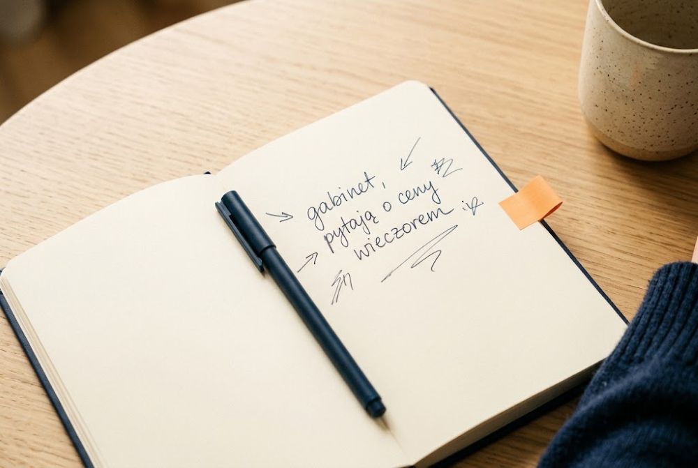 Otwarty notes z odręczną notatką: gabinet, pytają o ceny wieczorem. Obok długopis i kubek