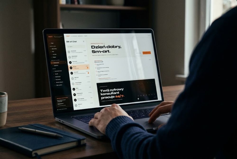 Laptop z otwartym panelem SM-art Chat: lista rozmów z klientami i lista kontrolna wdrożenia